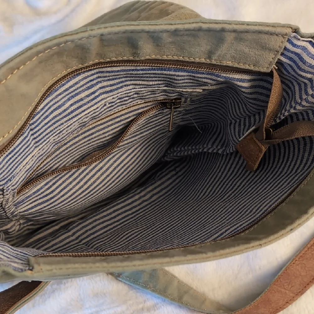Olive Green Canvas Messenger Bag with Brown Trim and Air Mail Print